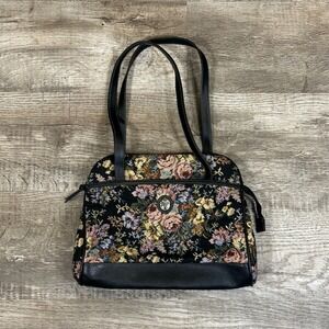 Rivage Vintage Style Floral Tapestry Shoulder Bag Black Faux Leather Trim Rose